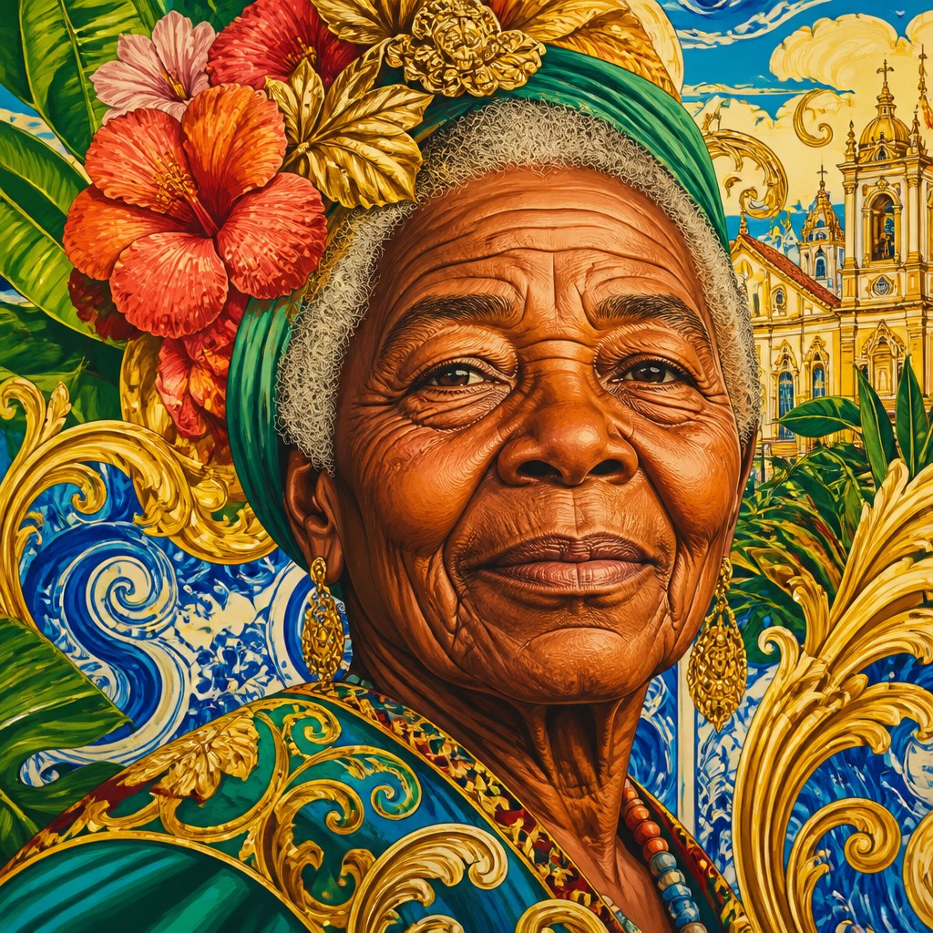 close-up portrait of an elderly person with expressive weathered features — Brazilian Art Style
