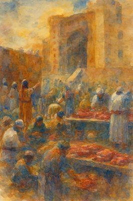 a painting of a group of people in a market