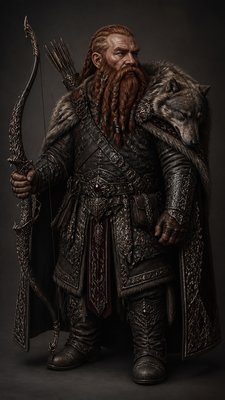full-body original character: a dwarven ranger with a braided auburn beard, worn leather armor, a longbow and a wolf-pelt cloak, neutral background, no text