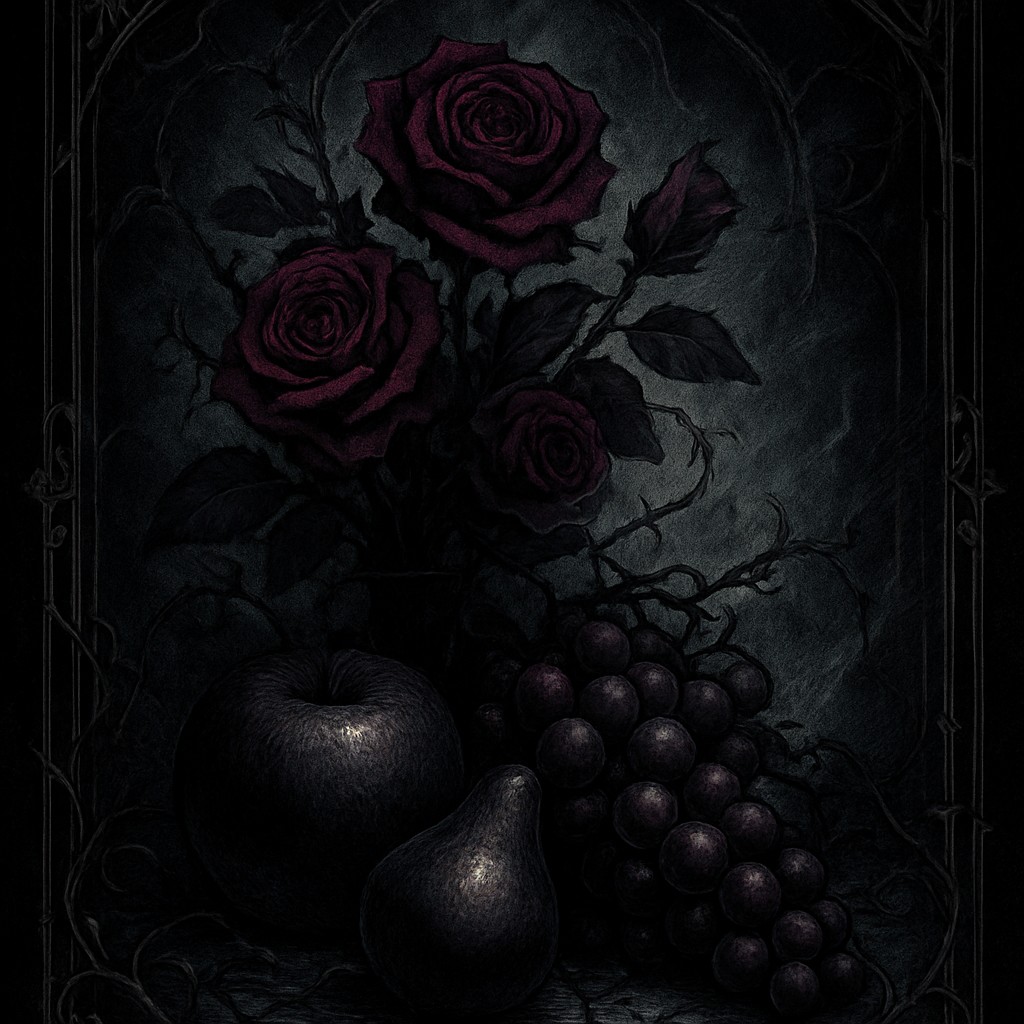 still life arrangement of fruits and flowers