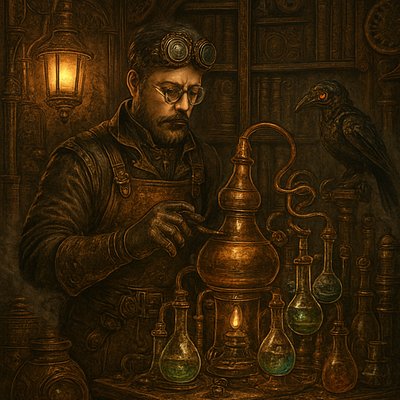 A steampunk alchemist stands in a cluttered workshop illuminated by the warm glow of gas lamps. He wears a leather apron adorned with brass buckles and a pair of intricate goggles perched on his forehead. His gloved hands tinker with a bubbling alembic connected by coiled copper tubes to a maze of glass vials filled with glowing, iridescent liquids. The background is a mix of Victorian elegance and industrial grit--ornate wooden shelves lined with dusty tomes and jars of exotic ingredients, alongside rusted gears and steam-powered contraptions whirring softly. A faint mist of steam rises from a brass furnace, and a mechanical raven with glowing red eyes perches on a nearby stand, observing the scene with curiosity.