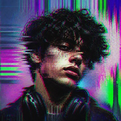 head-and-shoulders portrait of an original character: a young man with curly dark hair and headphones around his neck, plain backdrop, no text