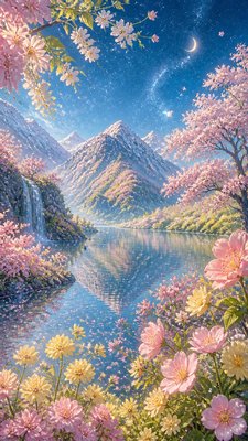 a tranquil mountain lake beneath a starry night sky, no people, no text