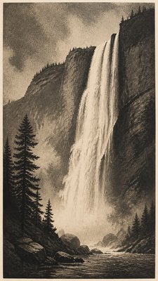 towering waterfall cascading down a cliff