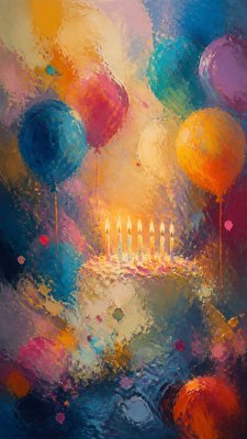 a birthday cake with lit candles surrounded by balloons and confetti, festive vertical composition, no text