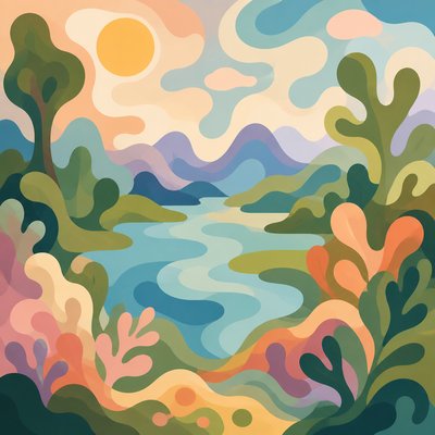 wide landscape with natural scenery — Biomorphic Shapes Art Style
