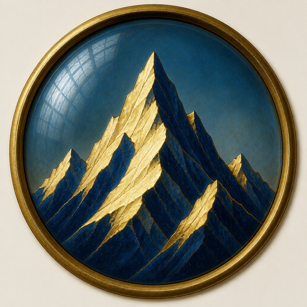 an emblem of a mountain peak inside a circle, simple bold shapes on a plain background, no text or lettering