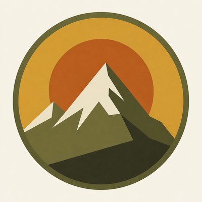an emblem of a mountain peak inside a circle, simple bold shapes on a plain background, no text or lettering