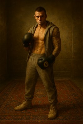 a man with a tattoo on his arm wearing boxing gloves