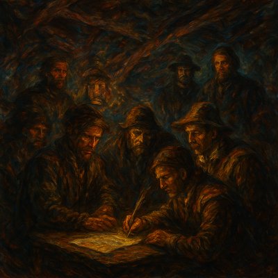A historically accurate and atmospheric depiction of the signing of the Mayflower Compact aboard the ship in November 1620. The scene is set in the dimly lit, cramped cabin of the Mayflower, with the ship's timbers and rigging subtly visible, conveying the challenging conditions of the voyage. A simple table or chest serves as the signing surface. The primary focus is on a small group of the last individuals signing the document: specifically, the indentured servants (or 'strangers' not directly part of the Separatist congregation) approaching or at the table. Their expressions show a mix of weary determination, understanding of the necessity, and perhaps a hint of quiet apprehension or resignation to this new social contract, given their status. They are dressed in the plain, practical clothing typical of 17th-century commoners and laborers. Figures of prominent Pilgrims or 'Saints' (like William Bradford or John Carver) are visible in the background, observing the proceedings with a sense of gravity and leadership, but they are not the central focus. The lighting is low and warm, perhaps from a lantern, creating a chiaroscuro effect that highlights the faces of the signers. The atmosphere conveys the momentousness of the act under difficult circumstances, the diverse composition of the group, and the early seeds of self-governance in a new world. The artistic style is a realistic, historically detailed oil painting, capturing the solemnity and human element of this pivotal historical moment."