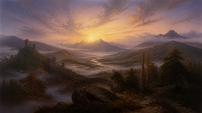 a vast valley with a river winding toward distant mountains at sunrise, no people, no text