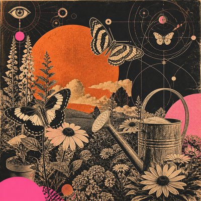 a garden scene with butterflies, flowers and a watering can, clean uncolored line art, no text