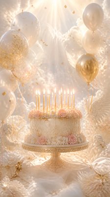 a birthday cake with lit candles surrounded by balloons and confetti, festive vertical composition, no text