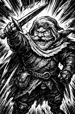 a black and white drawing of a man with a sword
