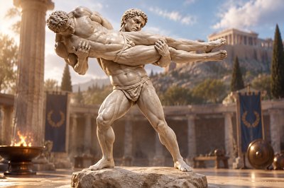 a statue of a man holding another man's arm