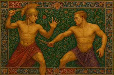 a painting of two men fighting each other