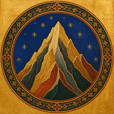 an emblem of a mountain peak inside a circle, simple bold shapes on a plain background, no text or lettering