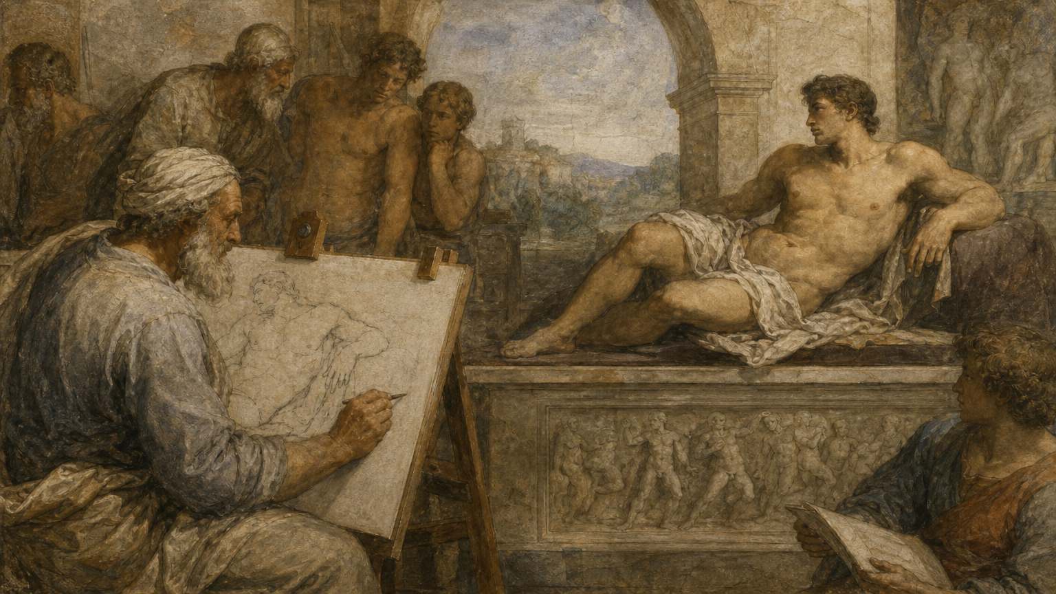 Michelangelo-drawing-Adam-from-a-model-posing-in-his-studio