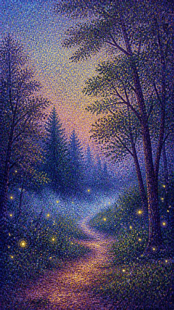a mysterious forest path with fireflies and drifting mist, atmospheric vertical composition with open space at the top, no text