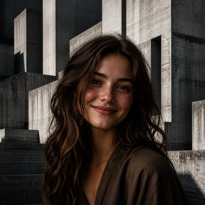 head-and-shoulders portrait of an original character: a young woman with wavy chestnut hair and a warm smile, plain soft backdrop