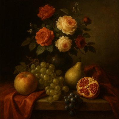 still life arrangement of fruits and flowers