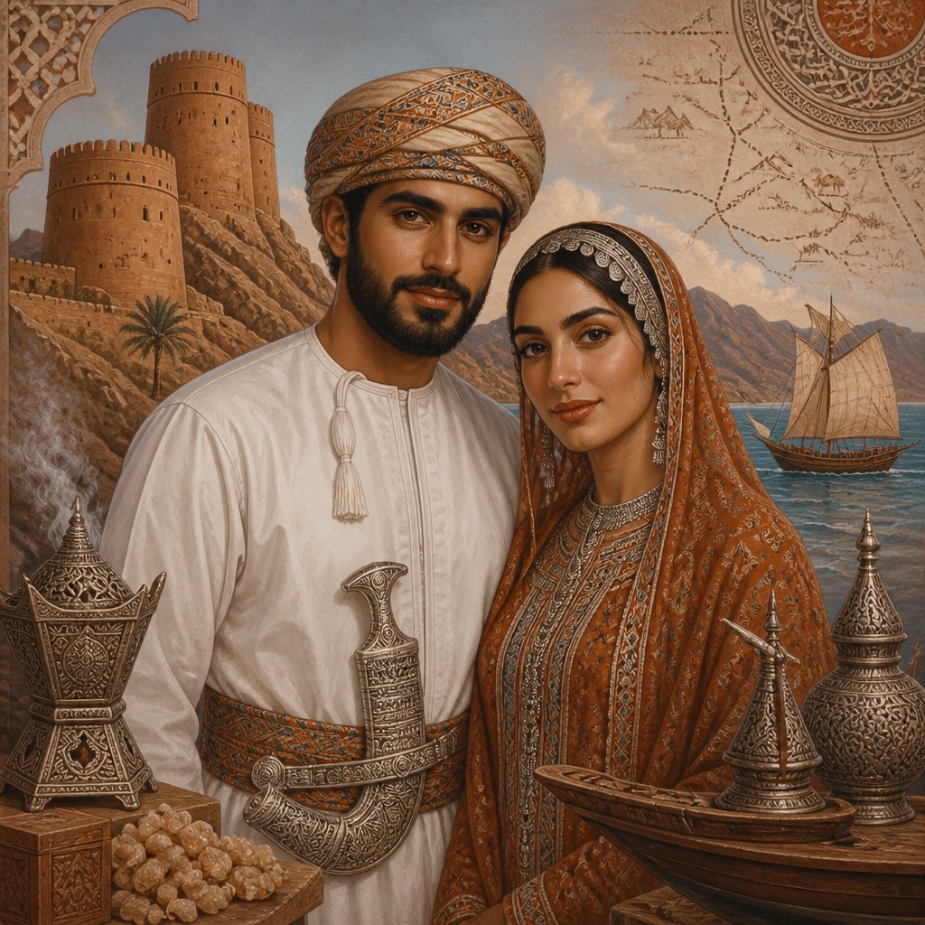 portrait of two people together — Omani Art Style