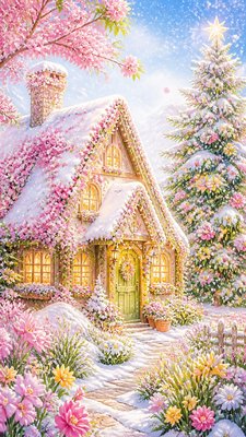 a snow-covered cottage with warm glowing windows beside a decorated pine tree, gentle snowfall, no text