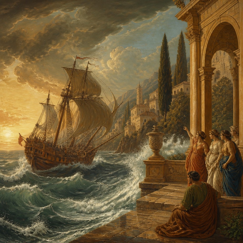 sailing ship on a stormy sea — Italian Art Style