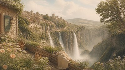 a cliffside city with waterfalls cascading into a misty canyon, wide establishing shot, no people, no text