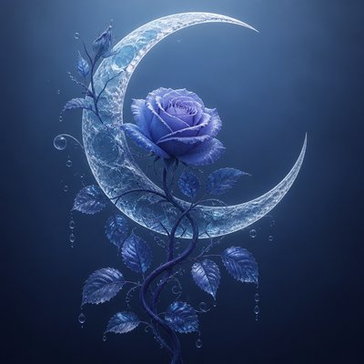 a rose entwined with a crescent moon, clean balanced composition on a plain background, no text