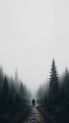 a mysterious forest path with fireflies and drifting mist, atmospheric vertical composition with open space at the top, no text
