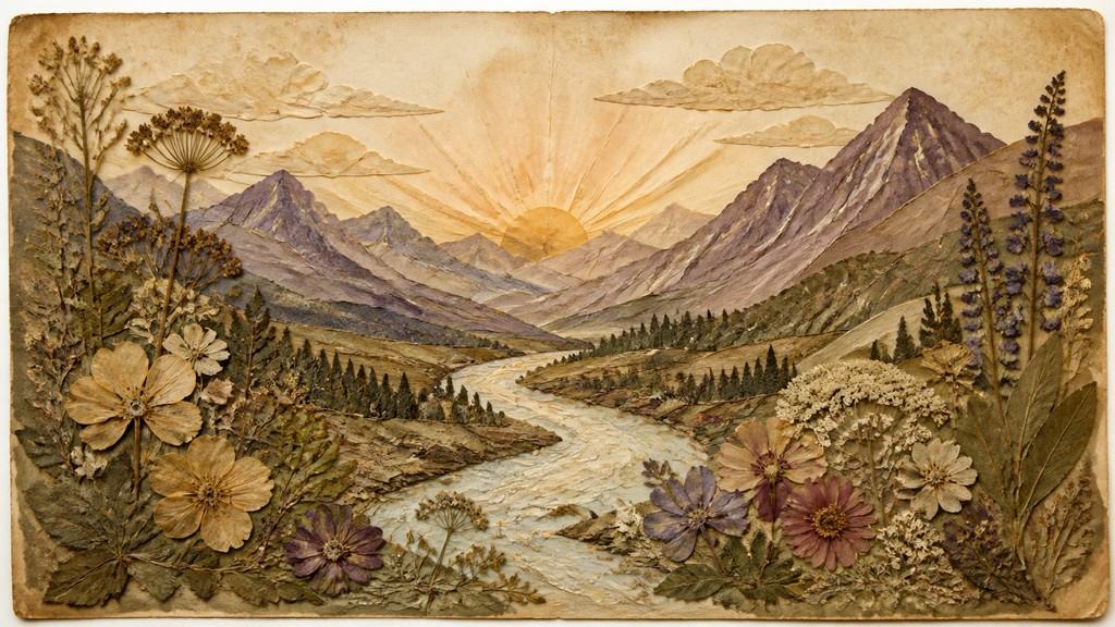 a vast valley with a river winding toward distant mountains at sunrise, no people, no text