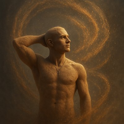 a man standing in front of a spiral background