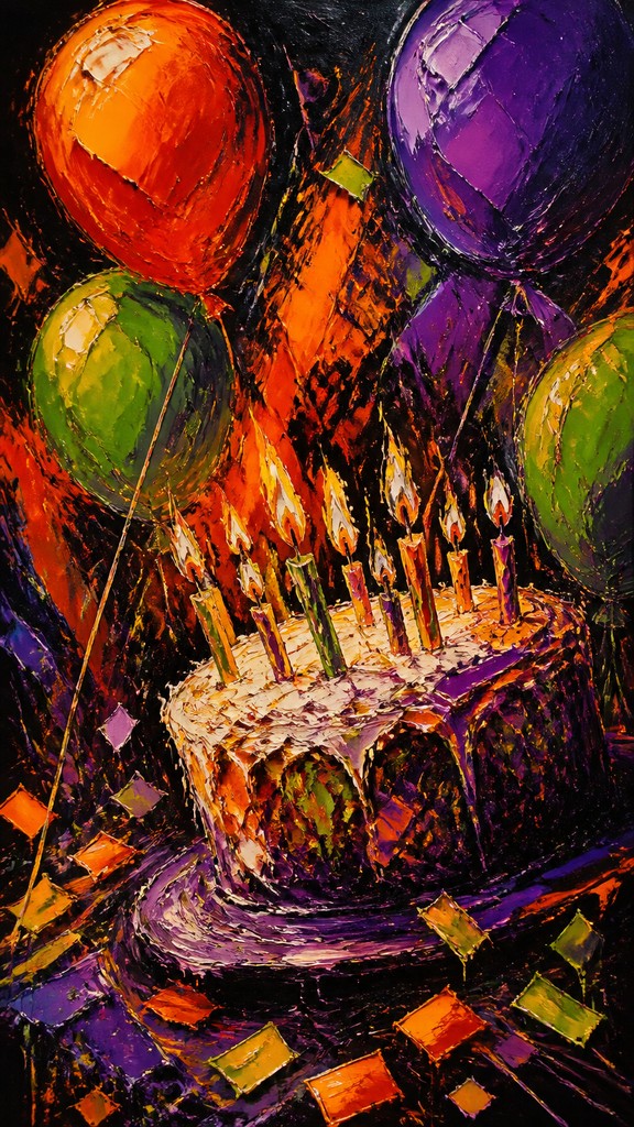 a birthday cake with lit candles surrounded by balloons and confetti, festive vertical composition, no text