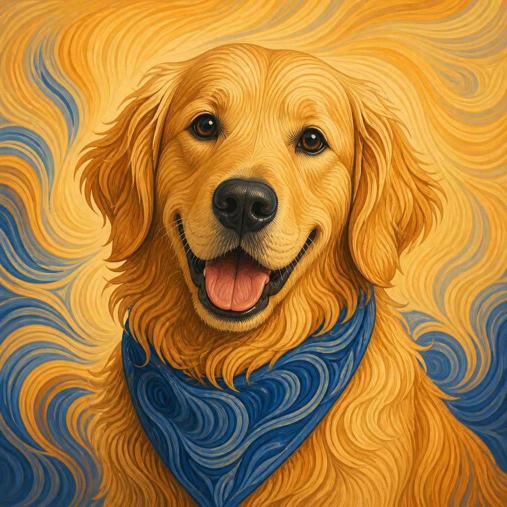 portrait of a golden retriever wearing a blue bandana, warm plain backdrop, no text