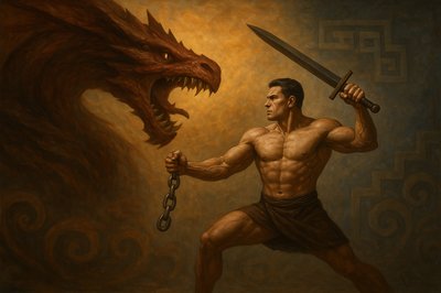 a painting of a man holding a sword and a dragon