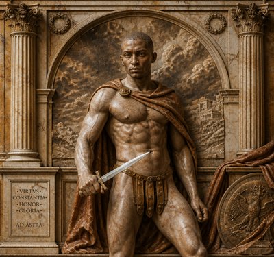 a statue of a man holding a sword
