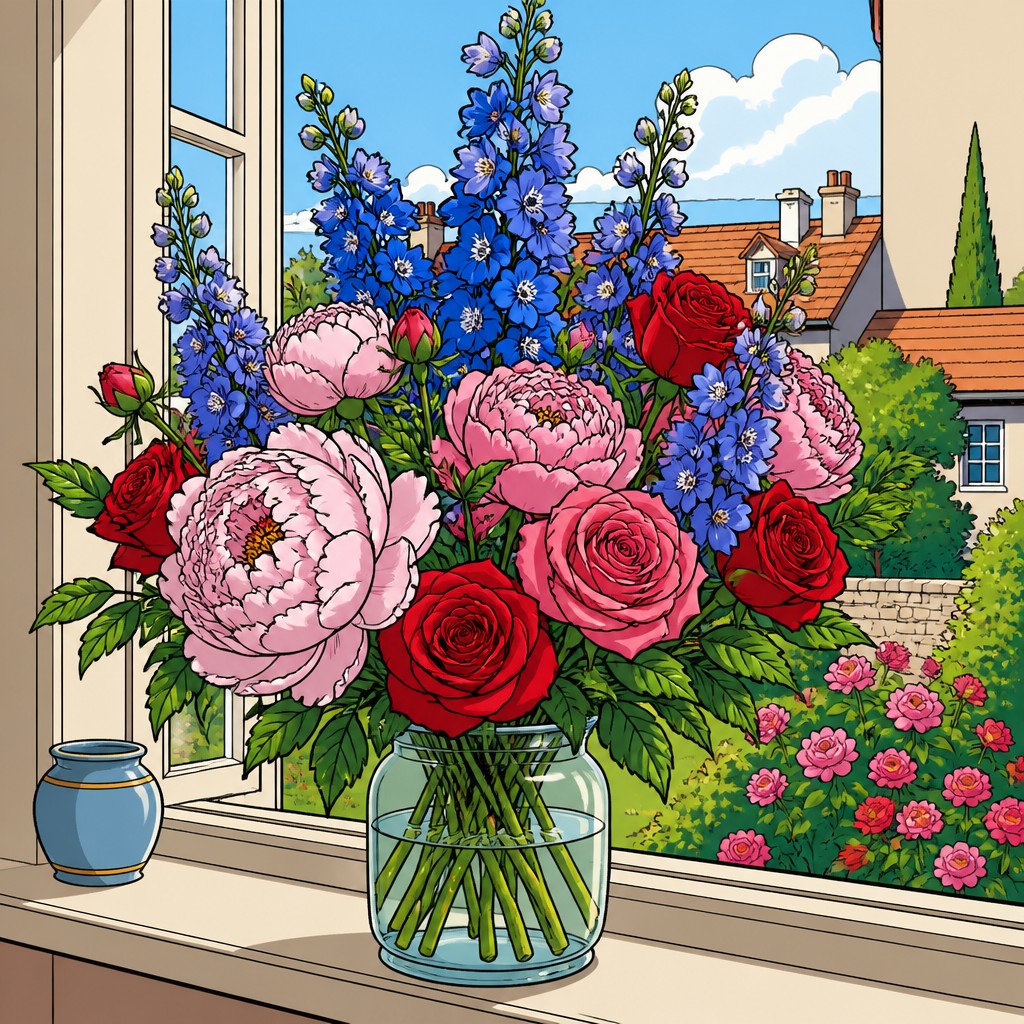 bouquet of peonies, delphiniums and roses in a clear glass vase on a windowsill, no people