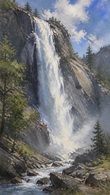 towering waterfall cascading down a cliff