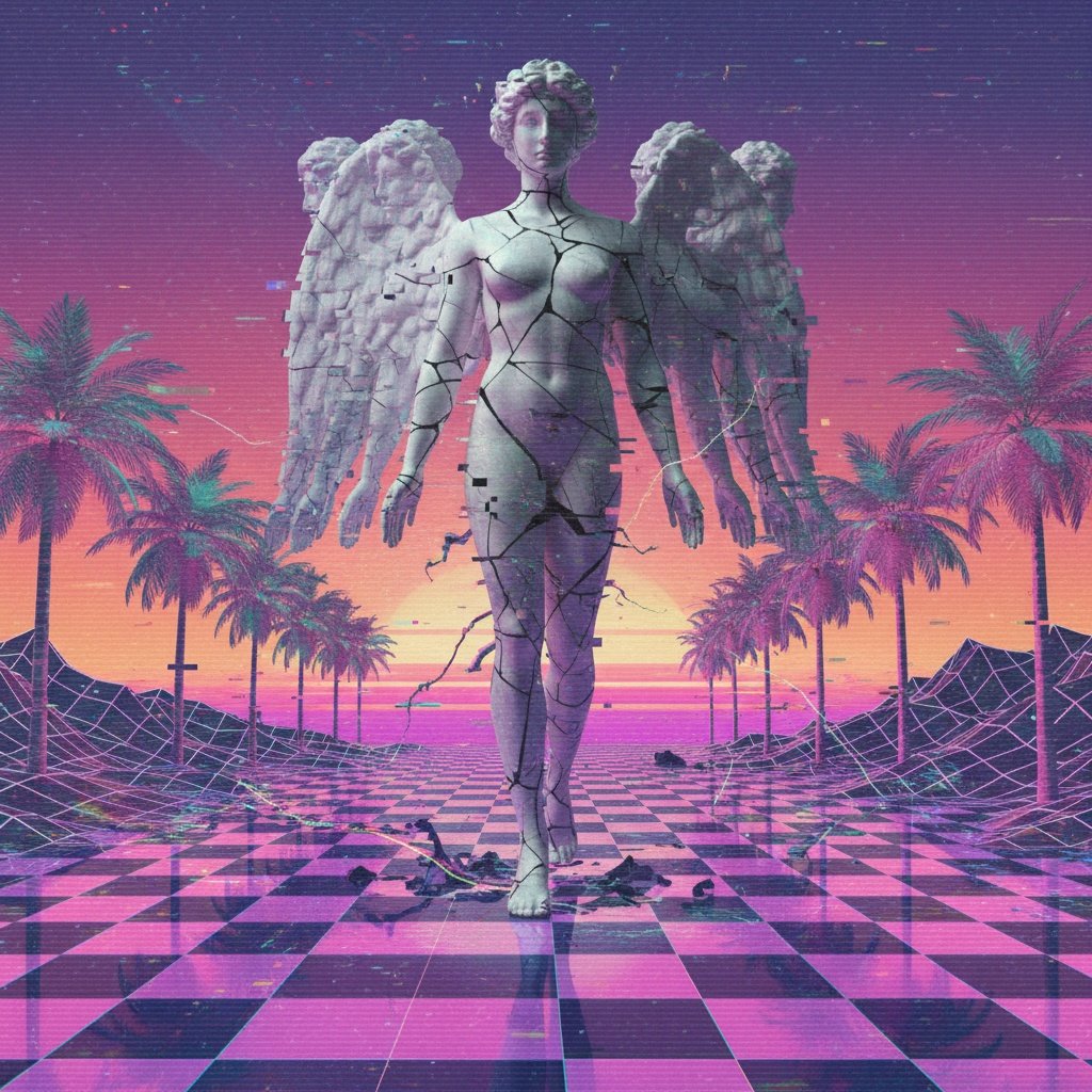 Surreal vaporwave landscape at sunset, marble angel emerging from checkered grid floor, neon palm trees glowing pink and teal, VHS glitch effects, retro 90s aesthetic, dreamy nostalgic atmosphere, high detail