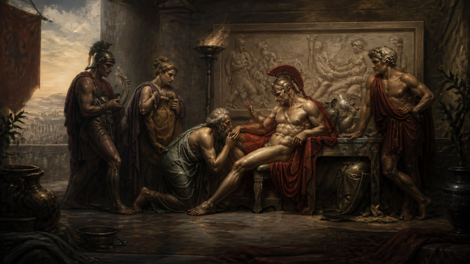 a painting of a group of men sitting around a table