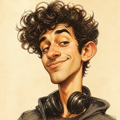head-and-shoulders portrait of an original character: a young man with curly dark hair and headphones around his neck, plain backdrop, no text