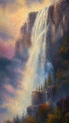 towering waterfall cascading down a cliff
