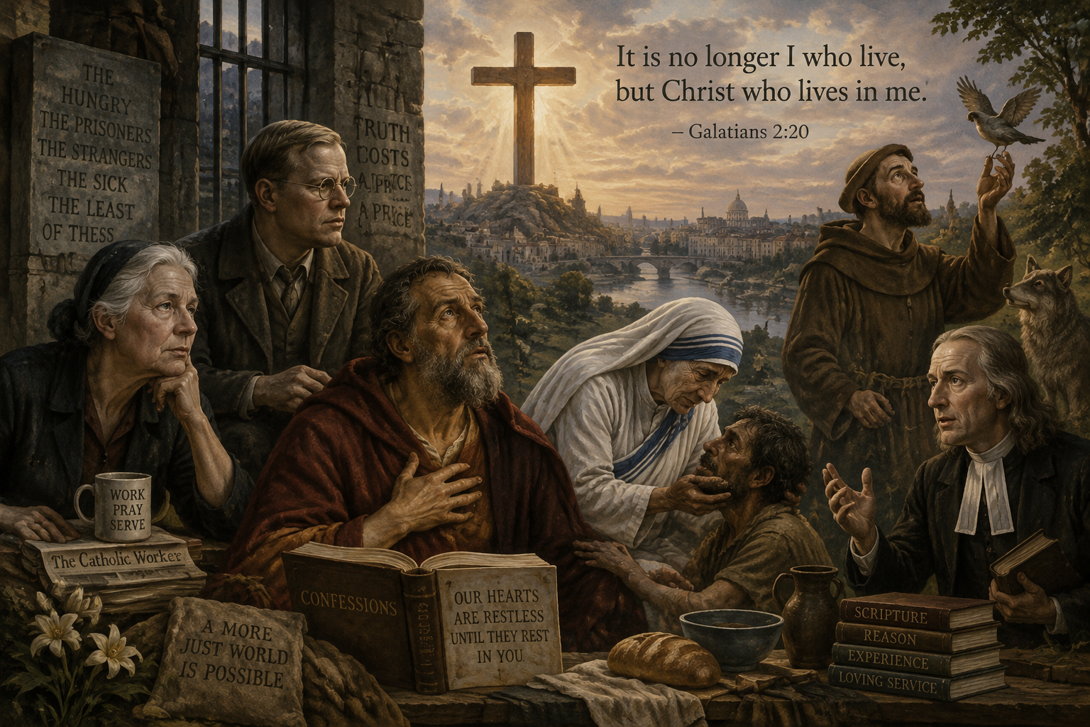 replace St. Peter's Basilica with the cross and show Dorothy Day, Bonhoeffer, Augustine of Hippo, Mother Theresa, Francis of Assisi , John Wesley and quote the Scripture verse “It is no longer I who live, but Christ who lives in me.”
– Galatians 2:20