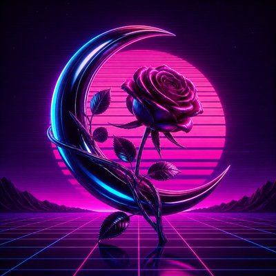 a rose entwined with a crescent moon, clean balanced composition on a plain background, no text