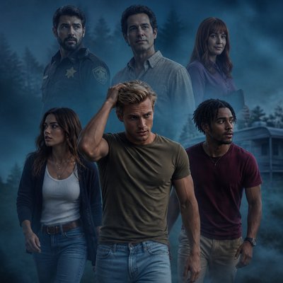 Ok tu me fait 7 personnages de roman , on va commencer avec un homme dans la trentaine tres beau il est blond, il passe sa main dans ses cheveux, on voit le biceps il est en T-shirt avec un jean à côté de lui, il se trouve un autre mec métisse hyper séduisant a sa gauche , lui aussi décontracté. Ensuite, je veux qu’à droite tu me dessines une femme dans la vingtaine, très magnifique aussi brune, habillé un peu en mode pull color jean elle a genre un collier etc. Tres yong adulte en hauteur derrière eux. Donc pas vraiment genre sur le sol, c’est plus une image de tous les persos comme un roman un policier dans les 30 ans, et alors là je veux que tu m’écoutes un autre homme à peu près la 40, les cheveux noirs un peu gris bouclé, sur les côtés, il a pas de lunettes il est en chemise, on dirait un peu un maire de la ville un daddy pas de barbe, pas de moustache. Il a l’air pas gros, mais pas maigre. Juste un air de Daddy. Et enfin un troisième personnage, une femme dans la trentaine quarantaine avec une frange qui a l’air d’être un peu secrétaire ou je sais pas quoi elle est rousse. Une ambiance assez froide avec un brouillard glaçant autour de une forêt, un caravane je sais pas une ambiance vraiment inquiétante et vraiment je veux une ambiance comme si on parlait d’un roman genre les trois personnes en haut, ils sont petits enfin ils sont représentés en plus petit que les trois les mais ils sont genre en haut, tu vois genre, on voit pas leurs gens et etc. comme une affiche en gros ils sont pas genre sur une montagne les trois premiers personnages, ils sont vraiment sur le sol quoi genre, on voit pas le sol, mais on voit qu’ils sont les uns derrière les autres la fille à gauche le mec noir à droite le blond devant il regarde tous faire un point fixe comme si il courait ou je sais pas le policier, je veux qu’il soit pas comme les autres, genre un policier avec une barbe, les cheveux noirs mais le mien, et le daddy je ne veux en aucun cas qu’il est les cheveux gris, j’ai bien dit les cheveux noirs assez milong bouclé pour te donner un autre idée, je veux qu’il ressemblepour te donner un autre idée, je veux qu’il ressemble à tom loftis de widow’s bay je veux vraiment que le maire comme je l’ai dit, il soit vraiment une ambiance décrivant pas un homme sérieux qui cherche l’ambition du pouvoir ou je sais pas quoi genre vraiment une une chemise démodé voilà quoi tu vois ce que je veux dire une ambiance vraiment écrivain un peu et le policier, je veux qu’il soit en uniforme de shérif. Et le métisse peut être des locks quelque chose qui le rend nique pas des comme tout le monde, je sais pas moi des wave en afro, peu importe et la fille en fait finalement je veux qu’elle ait genre un cardigan noir ou bleu Je veux une ambiance bleue pas grise et je le retiens encore une fois le maire, je ne veux pas qu’il ait la mâchoire carrée, je veux pas qu’il y ait forcément une mâchoire dessinée ou je sais pas quoi, j’ai juste dit pas gros, ça veut dire genre une mâchoire t’écrivain, légère, pas quelqu’un, on dirait, il sole kilos qui fait du sport avec la mafia ou je sais pas quoi arrête c’est bon là et mets un peu de couleur dans les dans leurs vêtements. Genre le mec blond il a un T-shirt kaki un jean bleu clair. Le mec métisse il a un T-shirt rouge sombre avec un pantalon beige je sais pas moi quelque chose la fille elle a un T-shirt blanc avec son cardigan le maire, il a une chemise beige avec des carreaux assez entrouvertes le policier bah il a son uniforme et la secrétaire je sais pas moi elle a décidé de mettre du violet ce jour-là