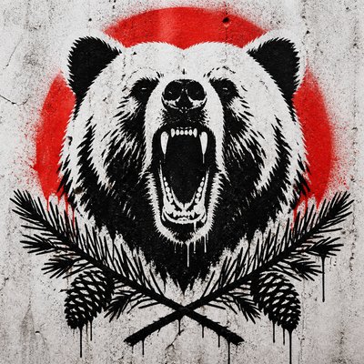 a roaring bear head above crossed pine branches, bold graphic composition on a plain background, no text