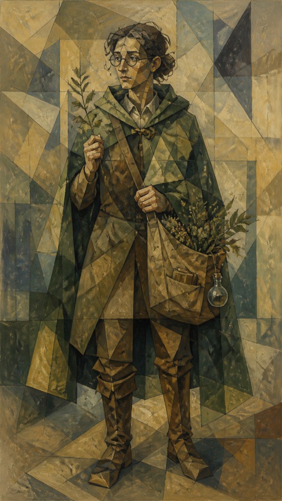 full-body original character: a wandering botanist with a satchel of plants, a patched green cloak, tall boots and round glasses, neutral background
