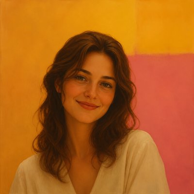 head-and-shoulders portrait of an original character: a young woman with wavy chestnut hair and a warm smile, plain soft backdrop