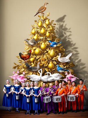 Create an elegant Christmas tree from a gold leaf pear tree with a partridge on the top, yellow pears, 2 turtledoves, 3 french hens 4 calling birds which are bluebirds, 5 golden rings, 6 geese, 7 swans, 8 bright pink ballerinas, 8 maids with royal blue dresses and milk pails, 9 Lords in purple, 10 Pipers in silver,  12 drummers in orange. No green or red colors